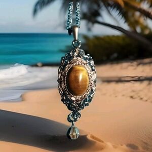 African Tigers Eye and Citrine Crystal with Stainless Steel Necklace